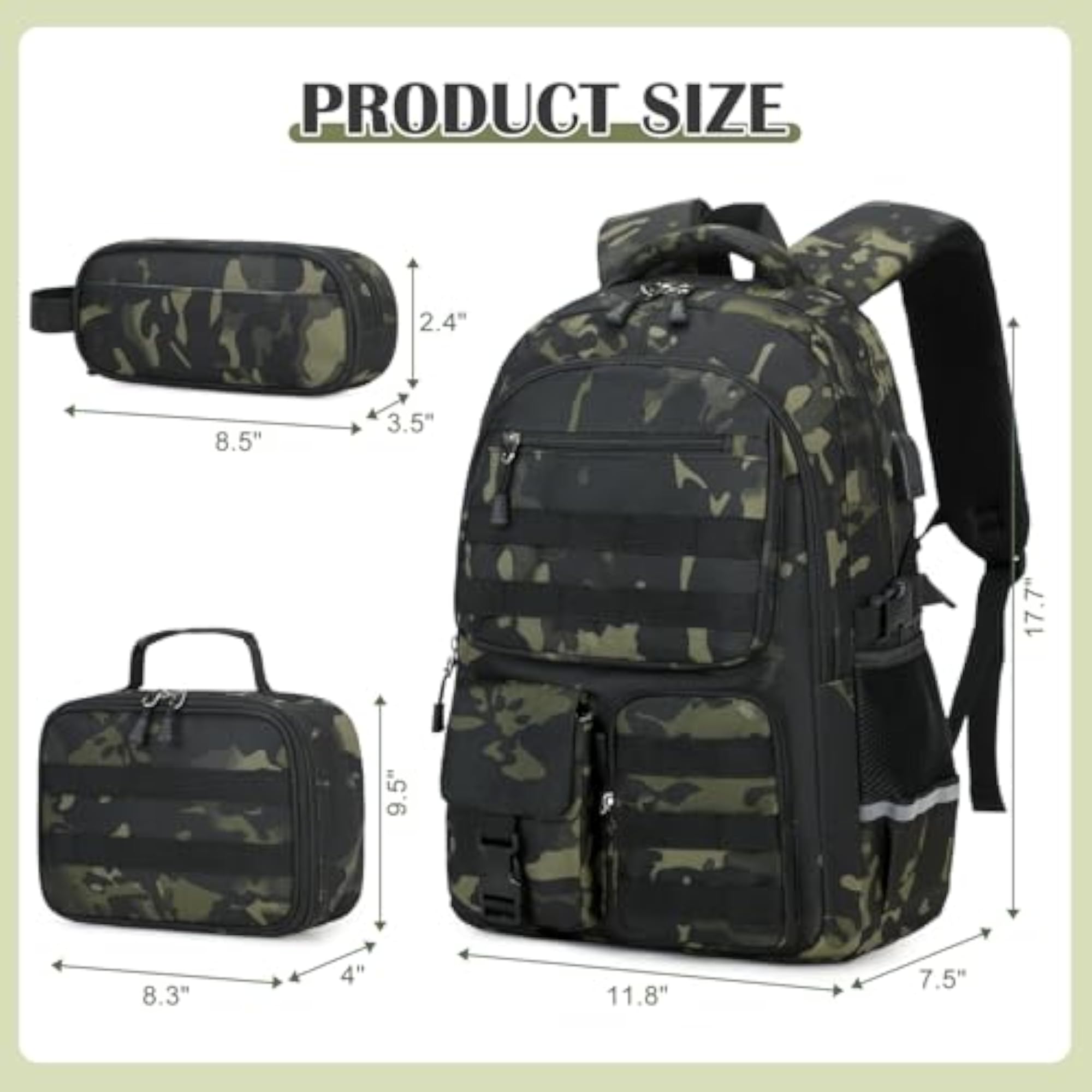 Backpack with Lunch Box & Pencil Case, Black Camo