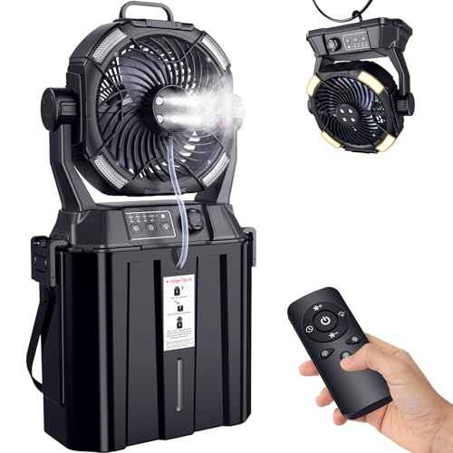 MAGTHIC Misting Fan Portable for Outside Patios- 20000mAh Rechargeable Battery Powered fan, 3 LED Light Modes & Stepless Speed Control Camping Mister Fan Outdoor with 6L Bucket, Remote Control