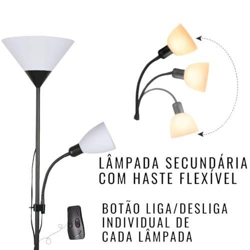 Luminária de Chão Piso Articulada com Duas Lâmpadas, Pedestal de Coluna 1,70m Ideal para Leitura, Sa