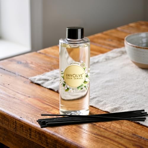 Image of Involve Jasmine Reed Diffuser Refill with Free 10 Reed Sticks - 120 ml | Long-Lasting Home Aroma Diffuser for Living Room, Bedroom & Gifting | Home Decor | Home Fragrance | Diffuser for Home