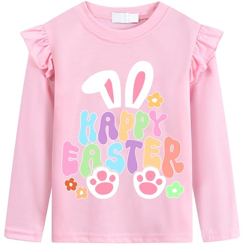 Image of Girls Happy Easter Tee Shirt Long Sleeves Kids Bunny T-Shirt Rabbit Ruffled Tops Pink 3T
