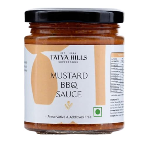 Image of TatvaHills Superfoods Mustard BBQ Sauce - Sweet Spicy Tangy Flavour, No Preservatives, All Natural | Perfect for Grilling, Marinade, Dip, Sandwich Spread | Gourmet Barbeque Condiment | 180g