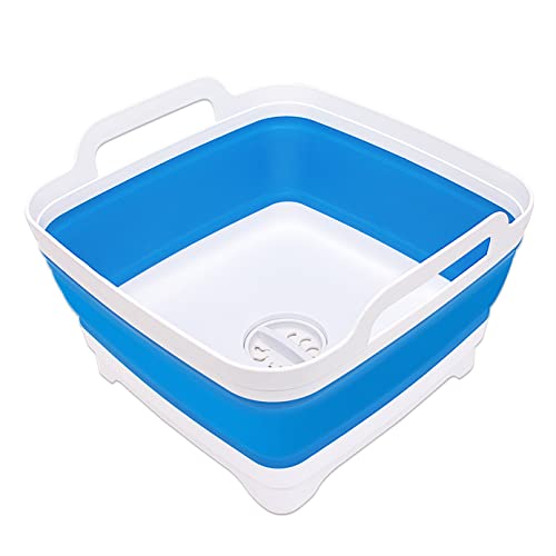 Image of 2.4 Gal(9L) Collapsible Dish Basin with Drain Plug, Space Saving Outdoor Multiuse Foldable Sink Tub, Dishpan, Kitchen Storage Tray for Camping, Vegetable Washing, RV (Blue)