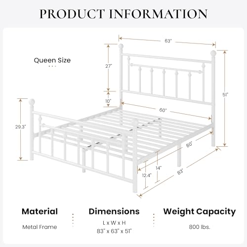 Image of SHA CERLIN 14 inch Queen Size Metal Platform Bed Frame /Victorian Headboard and Footboard /Steel Slats Mattress Foundation for Storage /No Box Spring Needed /Noise Free /White