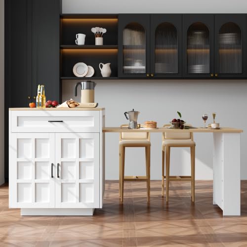 Merax Extendable Bar Table with Storage – Adjustable Kitchen Island, 133-202 cm, with Two Drawers & Four Compartments, MDF White Top, Kitchen Sideboard & Dining Cart for 2–6 People
