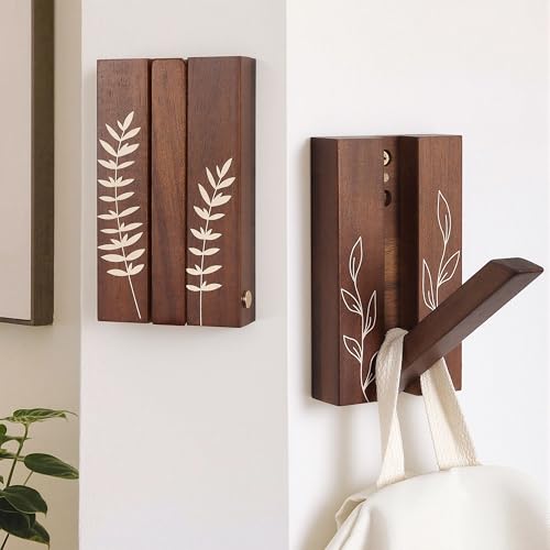 KYIAANY Rustic Folding Wall Hooks: Decorative Wooden Coat Hooks 2Pack