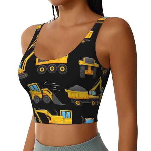 OXJOIIS Women Girls Yoga Bras U-Shaped Back Comfortable Sweat Vest with Pads Elastic Sportswear for Gym Fitness, for Cool Black Yellow Buldozer Excavator Construct Machines