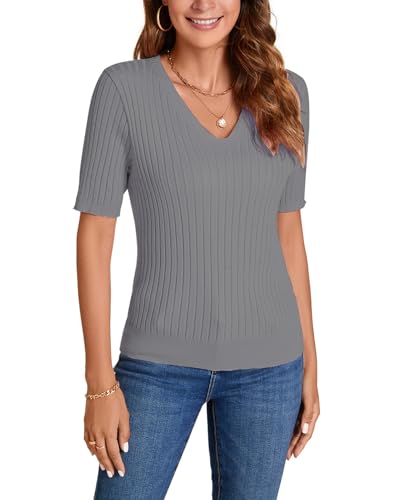 Image of Women Summer Knit Shirt Blouse V Neck Short Sleeve Pullover Sweater Tops