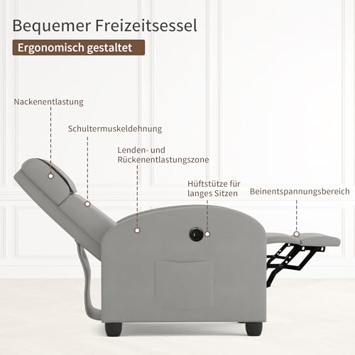FiveWillowise Fernsehsessel Ruhesessel Relaxsessel mit Verstellbarer Beinablage und Verstellbarer Rückenlehne bis 140°, Einzelsofa, Liegesessel, TV Sessel mit Liegefunktion, Hellgrau – Bild 4