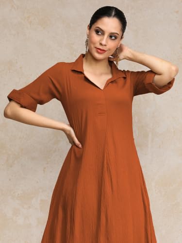 Image of Varanga Women Beige A -line Calf Length Dress Featuring Classic Shirt Collar and Short Sleeves which offering Comfort and Ease
