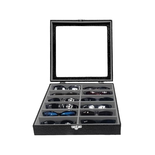Estojo Porta Óculos 12 Casulos Preto Com Interno Aveludado Cinza Caixa Organizador Maleta para Óculos