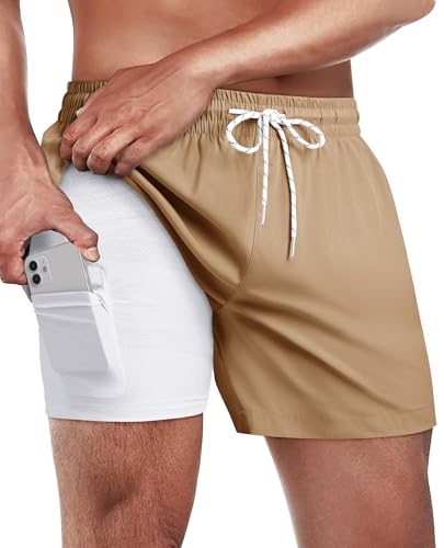 Image of Gleeease 5inch Mens Swim Trunks: 2 in 1 with Compression Liner Lined Soft Stretch Quick Dry Solid Pockets Drawstring Beach