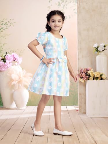 Image of Aarika Girls Casual Wear Blue Colour Floral Print Cotton Frock