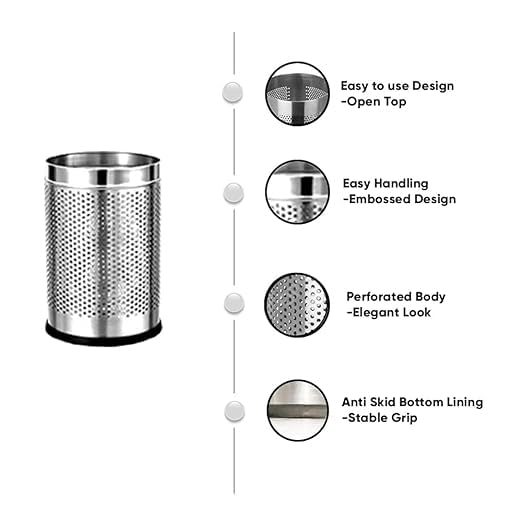 Image of PackPro Stainless Steel 10 + 18 Litre Open Perforated Dustbin Without Lid | Combo of 2 Steel Dustbin For Home, Bedroom, Rooms, Office, Indoor, Outdoor Kitchen, Washroom, Bathroom 10 & 18 Litre
