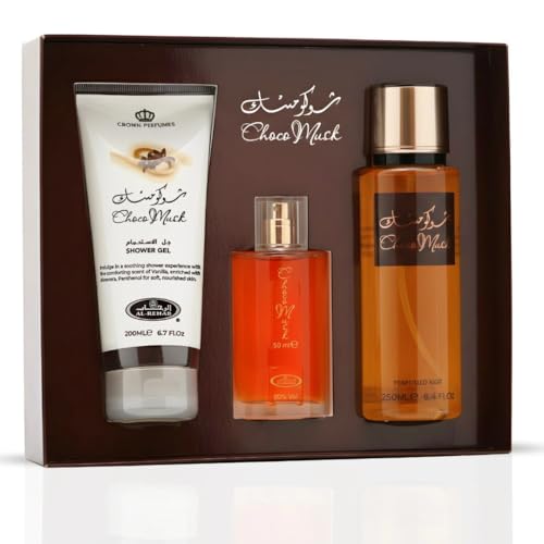 Image of Al-Rehab Choco Musk 3-Piece Gift Set - Eau de Parfum 50ml + Shower Gel 200ml + Body Mist 250ml - Warm Spicy & Chocolate Unisex Collection
