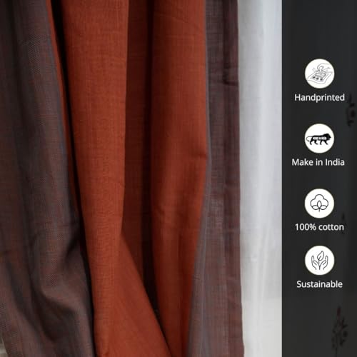 Image of Peepul Tree Pure Cotton and fine Mulmul Curtain Set of 2 Handwoven and 2 Sheer Curtain | Rust and Maroon | 7 ft | Set of 4 Curtains | Royal Courtyards Collection
