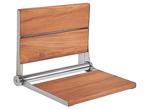 Teak Shower Seat with Back - Contoured Comfort/ADA Folding Wall Mount Bathroom Bench/Safety Assist for Adults Seniors Disabled Bariatric/304 Stainless Steel/Supports 500 lbs/Polished Chrome/ 26