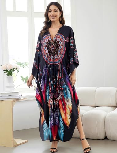 Image of KECVOT Kaftan Dresses for Women Plus Size Batwing Sleeve Caftans Long Bathing Suit Cover Up Maxi Beach Dress Loungewear