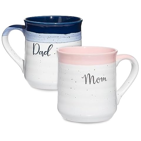 Sheffield Home Mom & Dad Coffee Mug Set of 2-18 Oz Each Premium White Ceramic Couples Coffee Mugs - Cute Mug Set Gift for New Parents with Pink & Blue Accents Cover