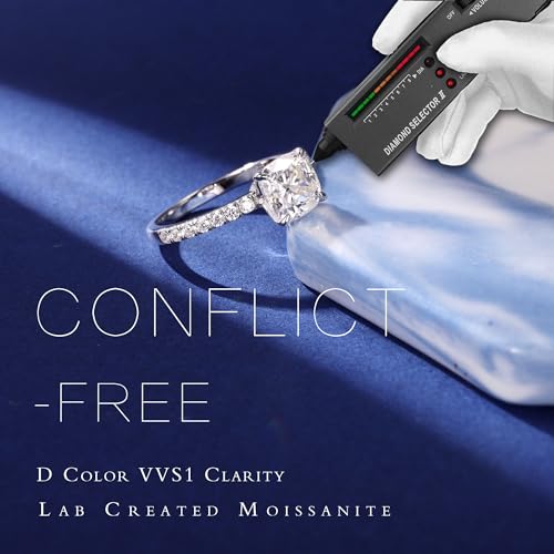 MOOSEA 2ct Cushion Moissanite Rings for Women, 7 * 7MM D Color VVS1 Clarity S925 Sterling Silver 14K White Gold Vermeil Ring Lab Created 4 Claw Ring Moissanite Engagement Rings for Women3