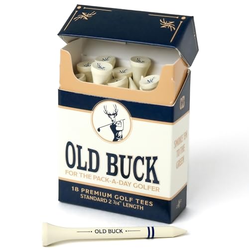 Old Buck 2 3/4 Bamboo Golf Tees Premium Wooden Driver Tees in Cigarette-Style Carton 18 Tees Novelty Golf Gift for Men Dad & Groomsmen (Single (18 Tees))
