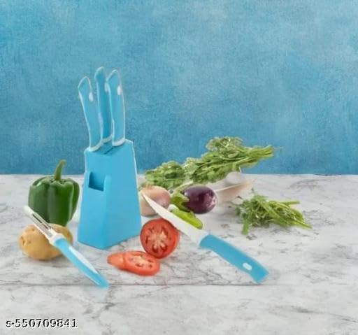 Image of Kitchen Knife Set with Stands. Stand with 4 Knife Set & 1 Peeler Women's 1st Choice ABS Plastic Stand with 4 Knife & 1 Peeler Kitchen Tool Set (Knife, Peeler)(Blue Stand + Knife) /13 KP2633