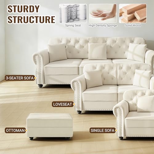 Image of KEIKI 2-Piece Chesterfield Sofa Set with 1 Velvet 3-Seater Sofa & 1 Loveseat Sofa, Upholstered 5-Seater Couch Set with Nailhead Trim & Rolled Arms & 1 Ottoman & 5 Pillow, for Living Room, White