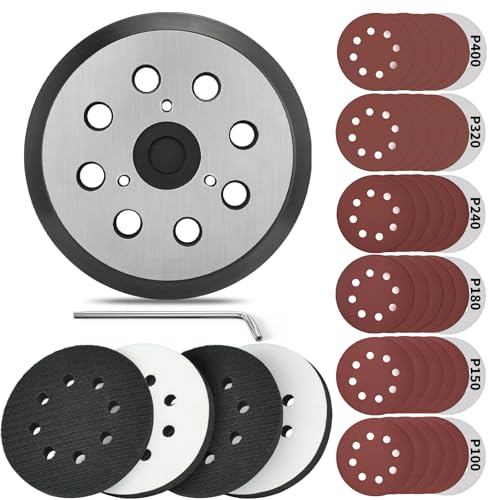 Gnellkoor 5 Inch 8 Holes Hook Loop Orbital Sander Metal Pad Replacement for Porter Cable 343 343k 343VSK 390 390K 382 Sanders with 4 PCS Foam & 36 PCS Sanding Discs 100 150 180 240 320 400 Grits