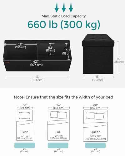 Image of SONGMICS MAZIE Collection - 43 Inches Folding Storage Ottoman Bench, Ottoman Foot Rest, End of Bed Bench, Storage Chest, Load 660 lb, for Living Room, Bedroom, Entryway, Ink Black ULSF077B01