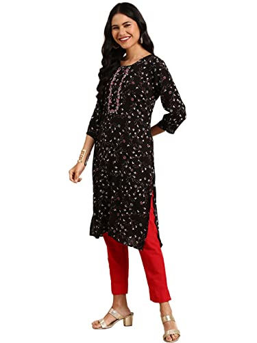 Image of SHOWOFFFF Women Printed Straight Fusion Kurta | Round Neck 3 /4th Sleeves Cotton Kurta for Womens | Regular Fit Calf Length Kurta for Women's