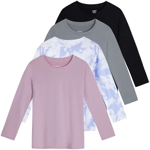 Real Essentials 4 Pack: Girls Dry-Fit Long Sleeve Active Crew Neck T-Shirt - Super Soft Tee
