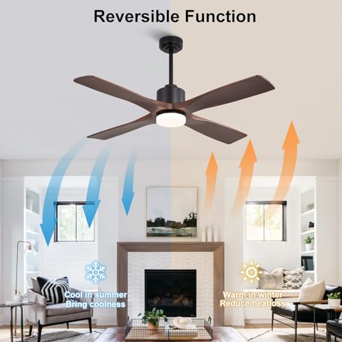 Image of LEDLUX 54 inch Ceiling Fans with Lights -Modern Ceiling Fan with Light, 6-Speed Remote, 4 Solid Wood Blades, Quiet DC Motor, for Bedroom, Living Room, Outdoor, Black with Walnut