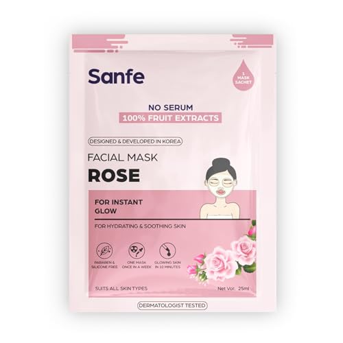 Image of Sanfe Instant Hydration Rose Facial Mask | for Toned & nourished Skin | 100% Fruit extracts, Korean Mask | 25gm | Pack of 1
