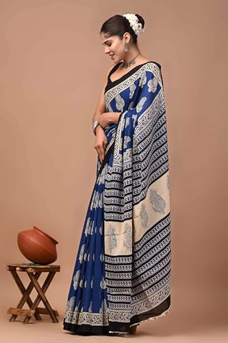 Image of Crafts Moda Hand Block Ajrakh Print Cotton Saree for women with Blouse | Soft comfortable wear sari