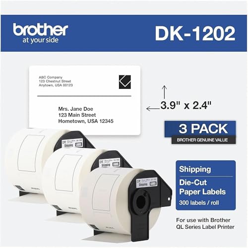 Image of Brother Genuine DK-12023PK Die-Cut Shipping Paper Labels, Long Lasting Reliability, 300 Labels Per Roll, (3) Rolls per Box, White (DK12023PK)