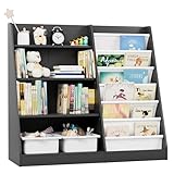 NACHES Montessori Kid Bookshelf 4 Tier Toddler Bookcase Children Book Bookshelf with Toy Storage Organizer Book Display Rack 6 Sling Deep Sleeves Classroom Bedroom Nursery Playroom Wood (Black, Large)