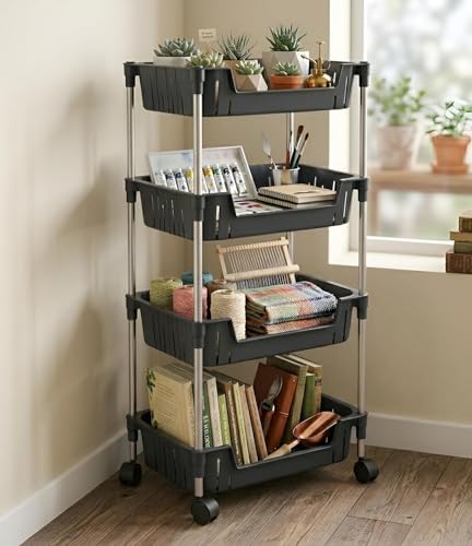 Image of JD FRESH 4-Tier Multi Storage Rack for Home & Kitchen /360-Degree Rotating Wheels with Breathable Kitchen Shelf Storage Rack /Plastic Rolling Cart for Kitchen, Bathroom, Office & Living Room (Black)