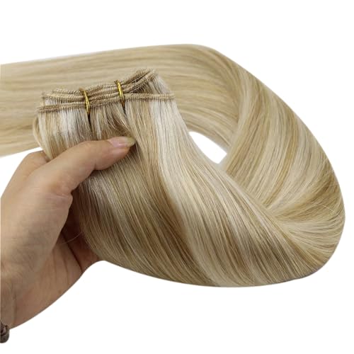 Image of Full Shine Sew In Weft Hair Extensions, 22 Inch 105G P27 /613 Blonde | Color Caramel Blonde Mix Platinum Blonde, Remy Human Hair, Invisible Weft, Daily Wear For Women