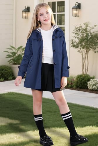 Betusline Girl's Trench Coat, Single Breasted Windbreaker Jacket Hoodie Dress Coat Outerwear for Girl,1# Navy Blue,7-8 Years = Tag 1402