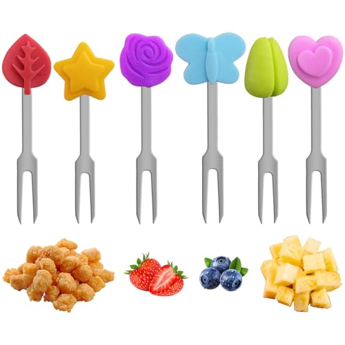 Stainless Steel Fruit Forks, 6PCS Mini Reusable Toothpicks, Stainless Steel and Fruit Shapes Silicone Small Forks for Fruits, Cheese, Appetizers, Easy to Clean, Coloured Toothpicks