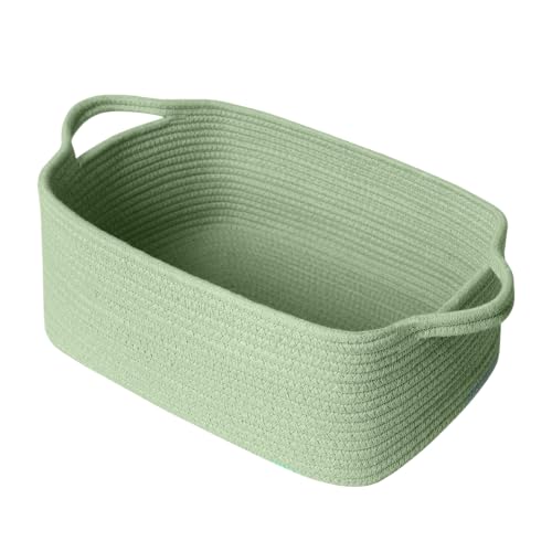 MEGASKET Green Basket Woven Baskets for Gifts Empty Medium Cotton Rope Dog Toy Box Green Room Decor Cute Baby Nursery Storage Organizer with Handle Decorative Wicker Bin for Organizing Gift Towel