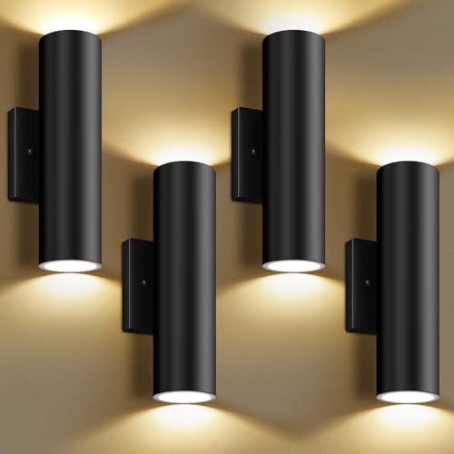 Image of GoBright Outdoor Wall Light, 12W 3000K LED Cylinder Exterior Light Fixtures | Tempered Glass Cover, 4-Pack Modern Waterproof Up and Down Wall Sconce for Porch House Garage Patio