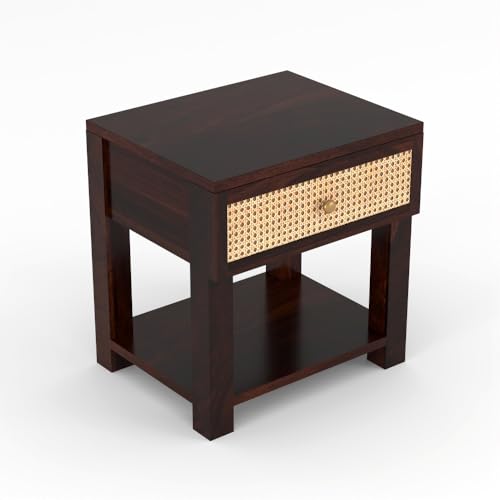 Image of Solid Sheesham Wood Bedside Table with Cane Rattan Drawer & Open Storage Shelf | Wooden Nightstand for Bedroom, Living Room & Guest Room (Walnut Finish)