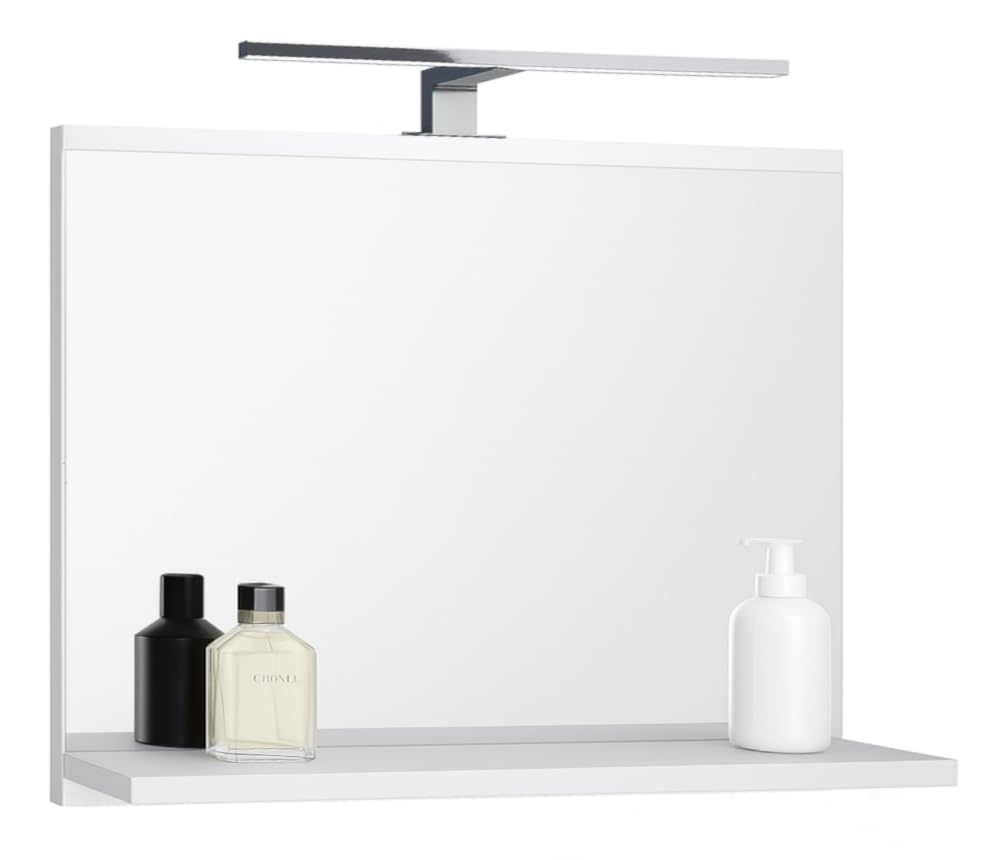 FreshYou Badspiegel mit 1 Ablage Badezimmerspiegel Spiegel Regal Wandspiegel Hängespiegel Badmöbel Spiegel Flurspiegel für Schlafzimmer für Badezimmer Weiß 60X50 LED Lampe