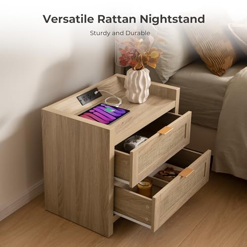 Image of SICOTAS Rattan Nightstand Bedside Table - Night Stand with Type-C Charging Station, 2 Drawers Storage - Boho Night Stands End Table for Bedroom - Light Oak