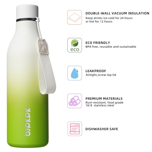 Image of BJPKPK Insulated Water Bottles, 25 oz Stainless Steel Metal Water Bottle with Strap, BPA Free Leak Proof Jugs, Mugs, Flasks, Reusable Thermal Flasks for Sports & Travel, Elegant Green
