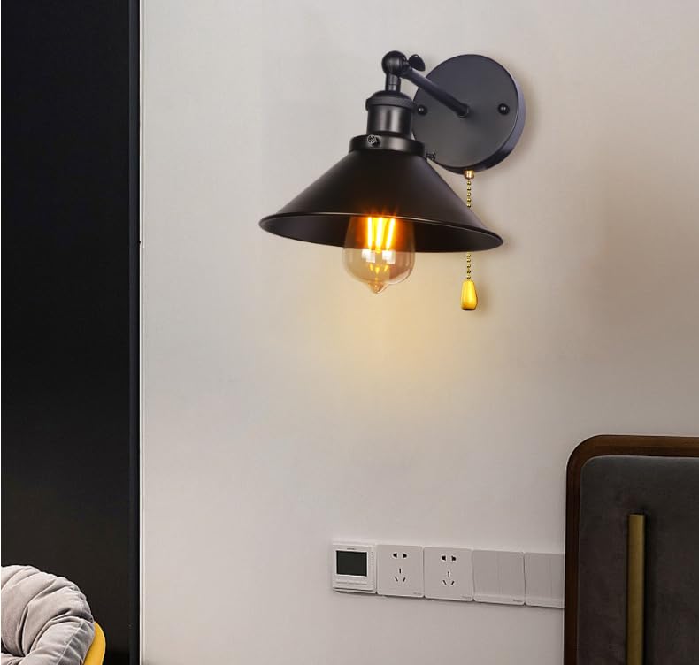 Image of Black Metal Wall Sconce Light, 1-Light Farmhouse Lamp, Pull Chain Industrial Wall Light Fixture for Bedroom Bathroom Kitchen Porch (Black)