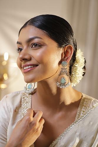 Image of Rubans Drop Earrings Stylish Jewellery with Aqua Green Stone & Pearls Gift for Women & Girls