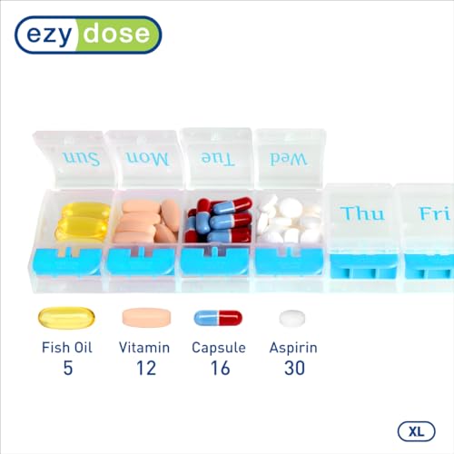 Image of Ezy Dose Weekly (7-Day) Pill Organizer, X-Large Medicine Case, Blue /Clear | Daily Vitamin & Supplement Planner, Spacious Push-Button Compartments, Convenient & Easy to Use, Travel-Friendly, BPA-Free