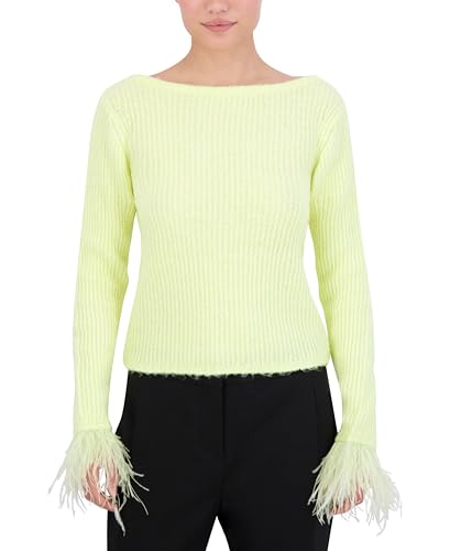 Image of BCBGMAXAZRIA Women's Boat Neck Long Sleeve Feather Cuff Sweater Top